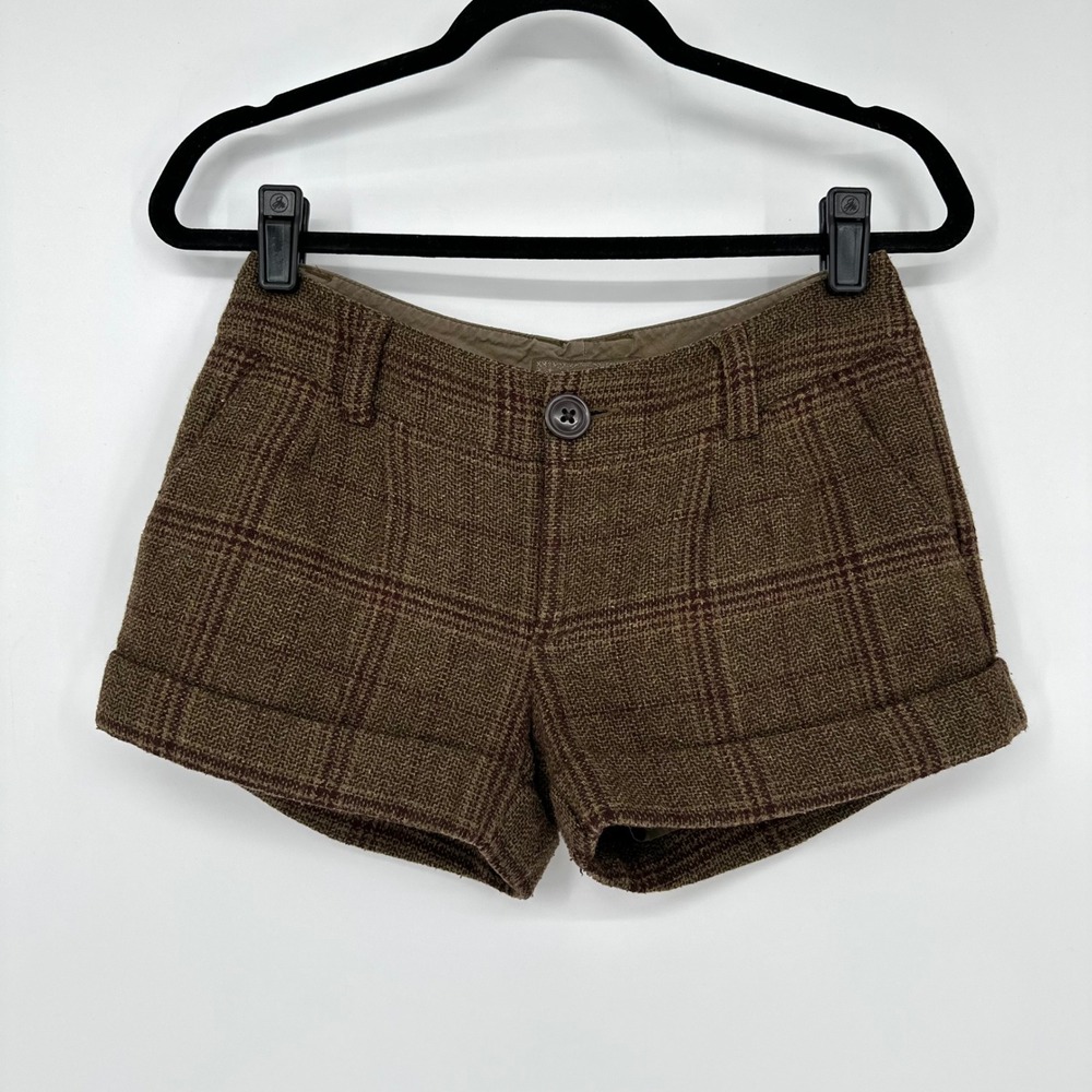 VTG Old Navy Micro Mini Low Rise Brown Plaid Shorts Wool Blend Fall Boho Y2K 2